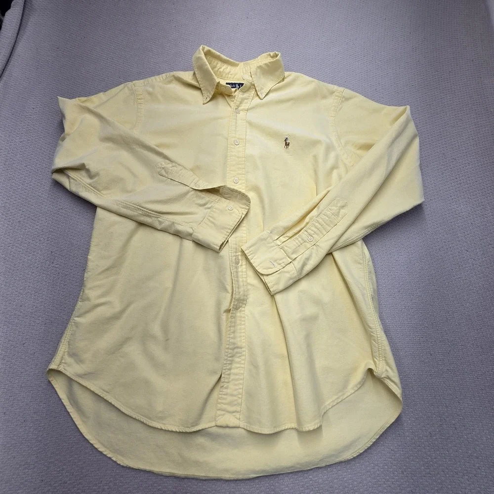 Vintage 90s Ralph Lauren Pale Yellow Oxford Shirt L Classic Fit OCBD Multi Pony